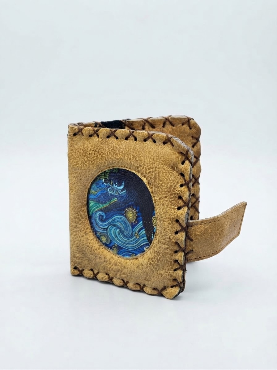 El Yapımı Van Gogh "Yıldızlı Gece" Motifli Deri Cüzdan ve Kartlık