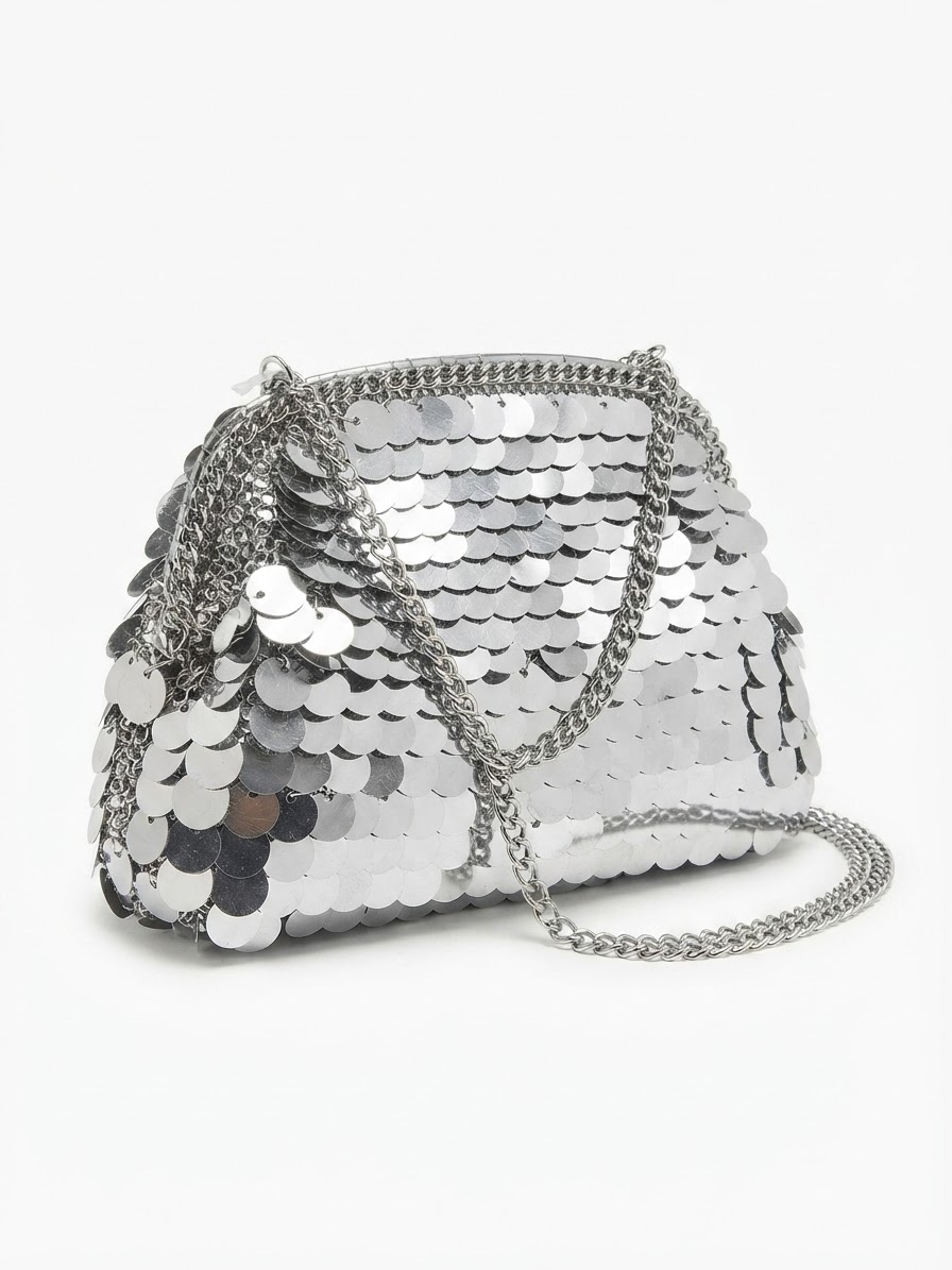 Gümüş Zincirli Payetli Clutch